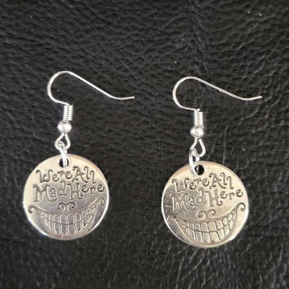 "We're All Mad Here" Earrings Cheshire Cat Smiling From Alice in Wonderland - Picture 2 of 4